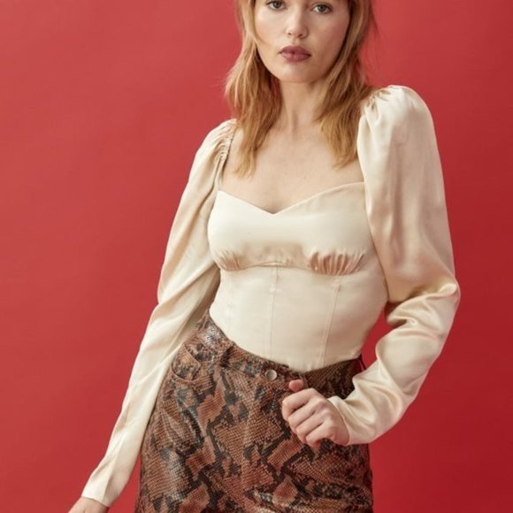 Reformation Roe Shirred Satin Silk Gold Champagne Blouse Top US 8| Medium - Picture 6 of 10